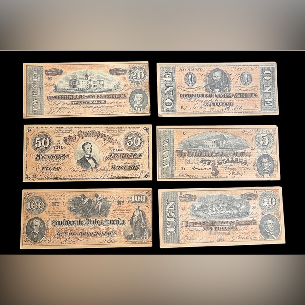 6 CONFEDERATE States
Dollar Bills Paper Money
Bundle Notes CIVIL WAR
FACSIMILE